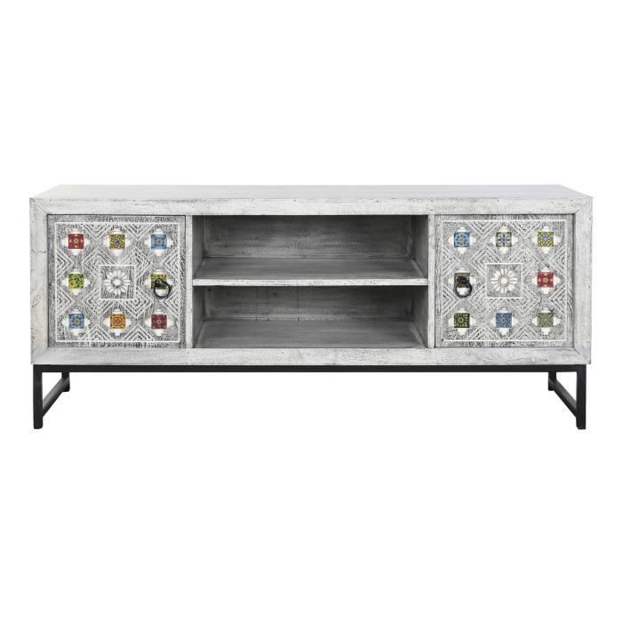 Meuble TV en bois de manguier coloris gris et céramique -Longueur 130 x Profondeur 40 x hauteur 56 cm