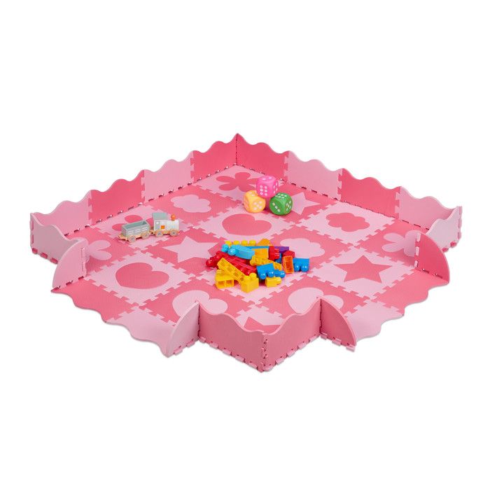 Tapis puzzle Relaxdays 52 pièces mousse EVA sans toxines 1 4 m² tapis de jeu avec bordure motifs variés rose
