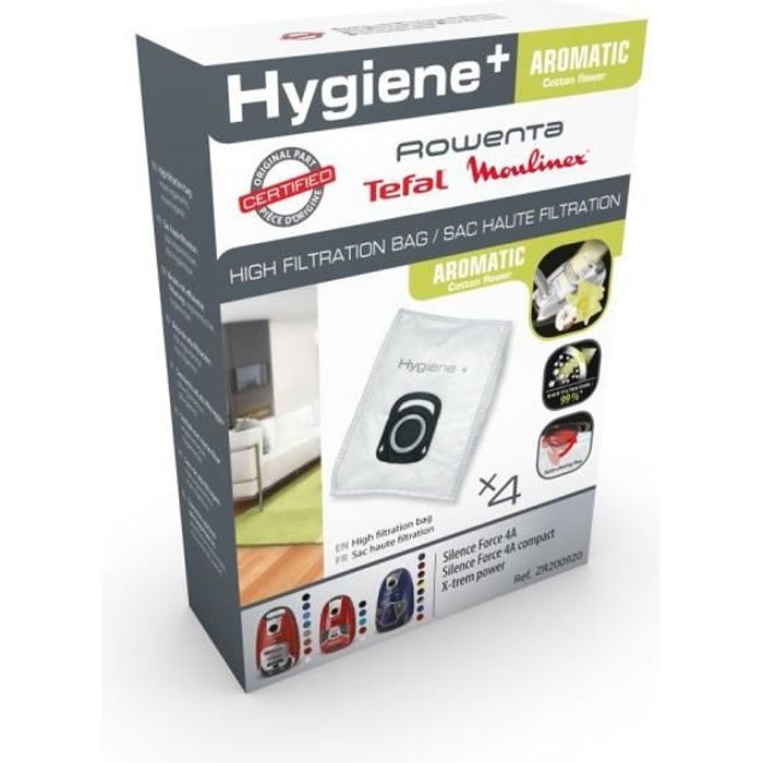 Pack de 4 sacs Haute Filtration Hygiène+ pour ROWENTA Silence Force / X-trem Power