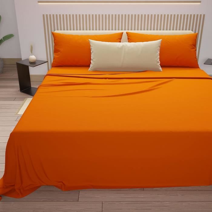 Drap Orange Vintage 2 Pers + Drap Housse Années 70 – Coton Mixte 240x312 Cm