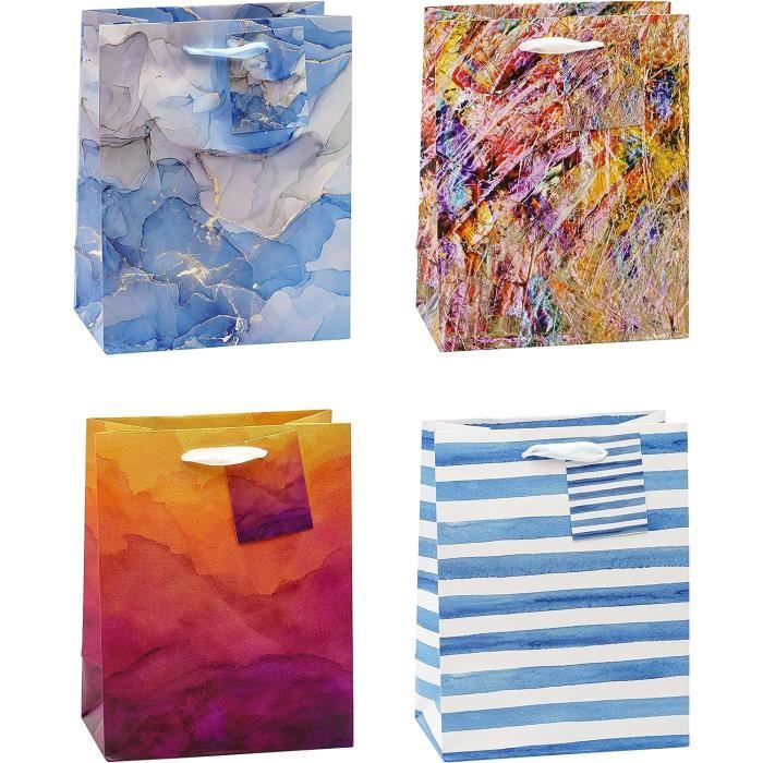 Lot De 6 Sacs Cadeaux En Papier Kraft Bleu Marine Et Or - Taille Moyenne (28x10x20 Cm) - Avec Cartes, Rubans Et Mouchoirs - Pour Anniversaire, Mariage, Noël