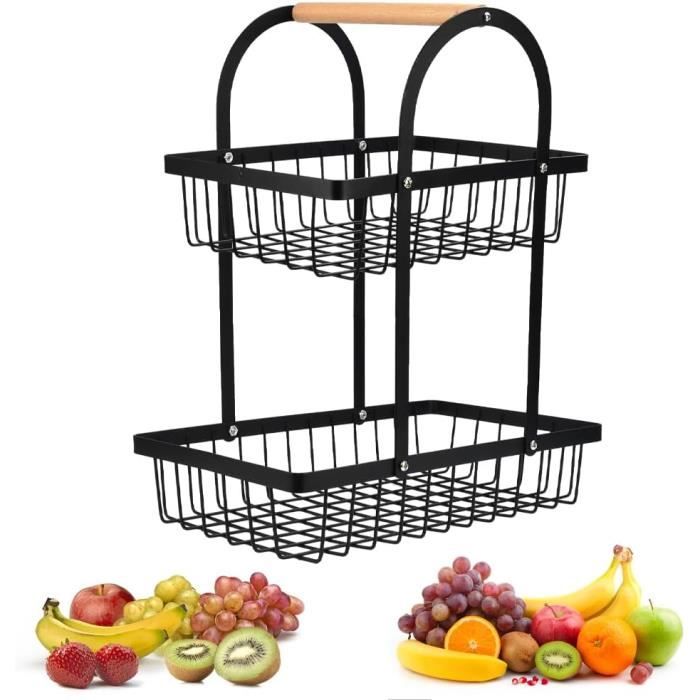 Corbeille à Fruits 2 étages GOLDFOX - Panier Métal Avec Anse Bois - Range Légumes Et Fruits - Design Aéré