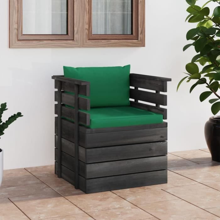 fauteuil de jardin avec coussins en bois de pin - vidaxl - unique - vert - naturel - 1 personne