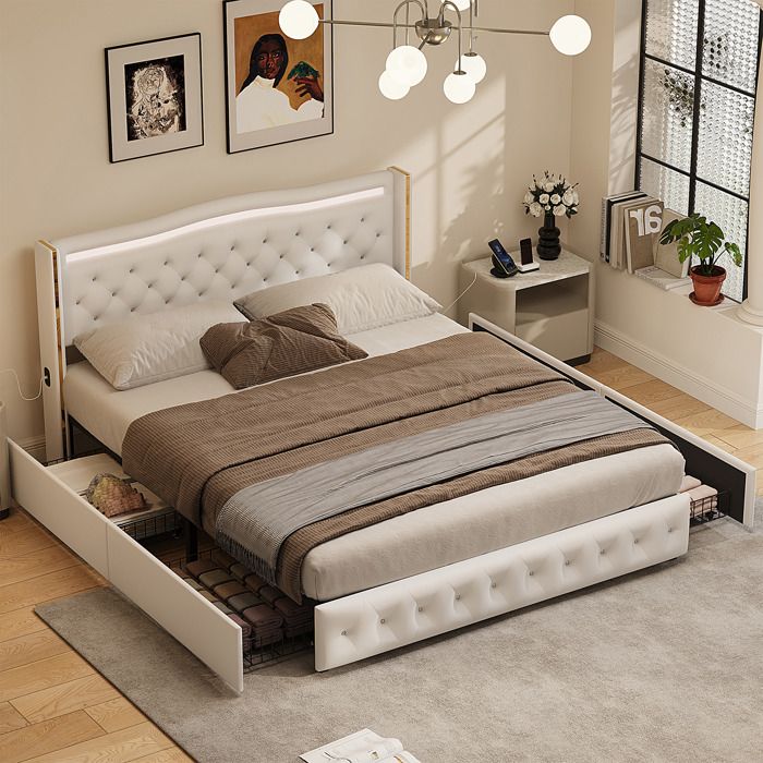 Lit Double 160x200 Avec LED, USB & 4 Tiroirs - Sommier Inclus - Blanc - Charge 300kg