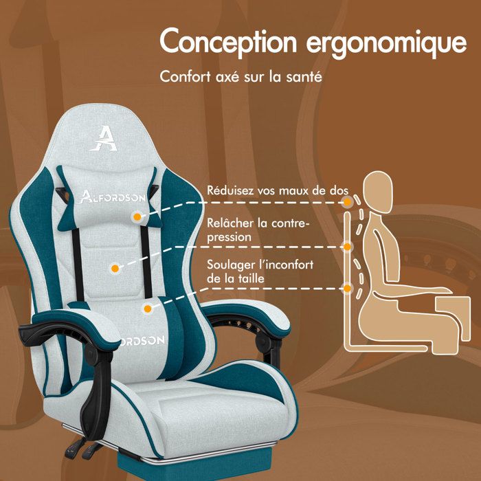 Chaise De Bureau Ergonomique Avec Massage Et Chauffage - Dossier Haut Réglable - Accoudoirs Et Appui-tête - Capacité 180kg - Tissu Lin Gris