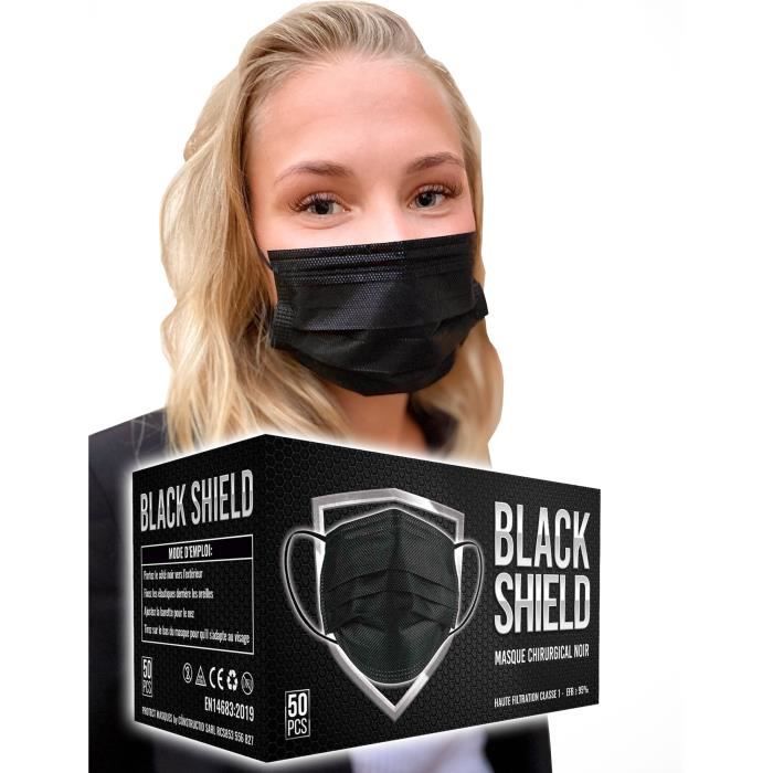 BLACK SHIELD - Certification CE - Masque chirurgical MEDICAL noir - Lot de  50 - TYPE 1 - Filtration EFB >95% - EN14683 - Cdiscount Santé - Mieux vivre