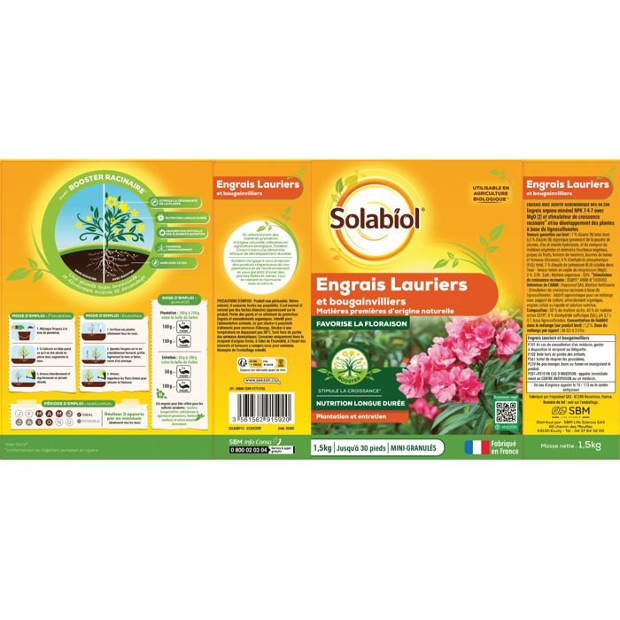 SOLABIOL Engrais Bio Lauriers, Bougainvilliers & Conifères - 1,5 Kg - 100% Organique NPK 7-4-7 Action Longue Durée