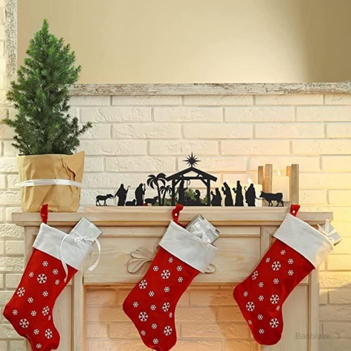 Crèche De Noël En Métal Noir Avec Base En Bois : Décoration De Noël
