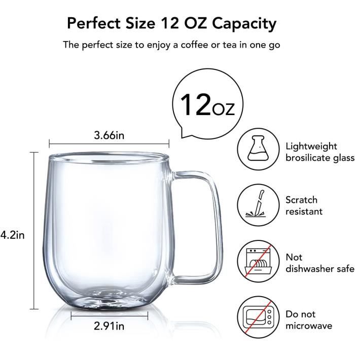 CMXING Lot De 2 Tasses Double Paroi Verre Borosilicate 300 Ml – Mug Café Avec Poignée, Idéal Cappuccino, Latte, Thé
