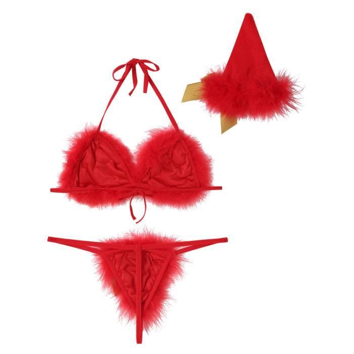 Lingerie Noël Satohom 3 Pièces - Dentelle Sexy - Soutien-gorge, String, Short - Taille XS-2XL