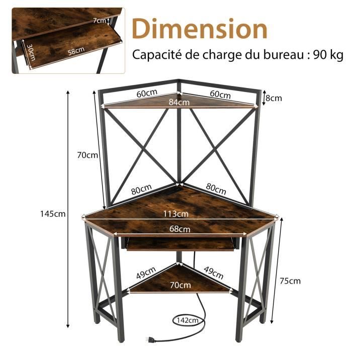 COSTWAY Bureau De Jeu D'Angle 120 Cm Avec Support D'Écran, Lumières LED Et Prises De Courant, Étagères De Rangement, Marron - Maison