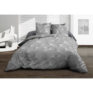 Parure De Lit 140x190 Cm - Pur Coton 57 Fils - Drap Housse + Drap Plat + 2 Taies - Couleur Biloba Gris - 6