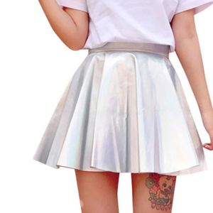JUPE Jupes plissées holographiques solides pour femmes Mini jupes courtes sexy à taille haute blanche274