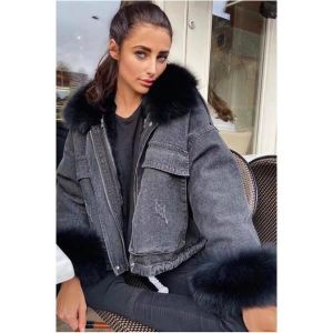 Blouson en top jean fourré femme