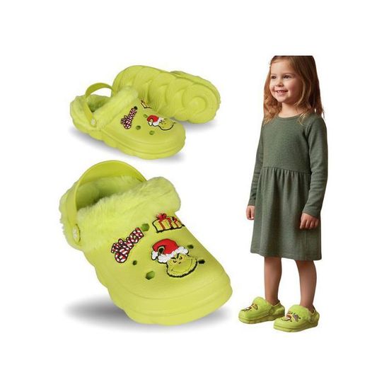 Chaussons Grinch Vert Fourrure – Sabots Isolants Noël Pour Enfants – Décorations 3D Festives