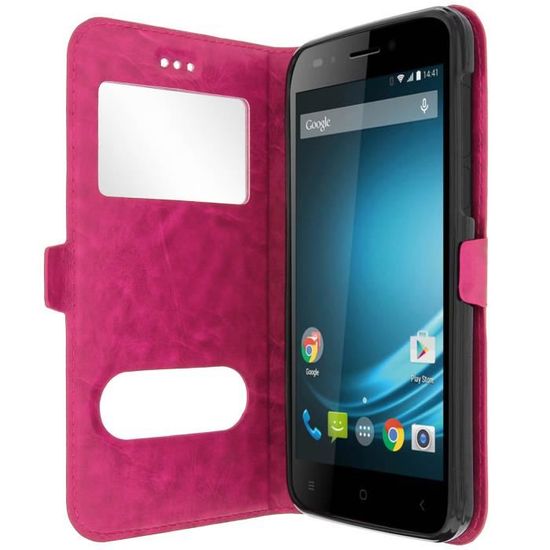 PH26® Etui Housse Folio Pour Logicom L-ITE 502 Format Portefeuille En éco- Cuir Turquoise Avec Double Clapet Intérieur Porte Cartes, Fermeture Magnétique Et Surpiqures Apparentes