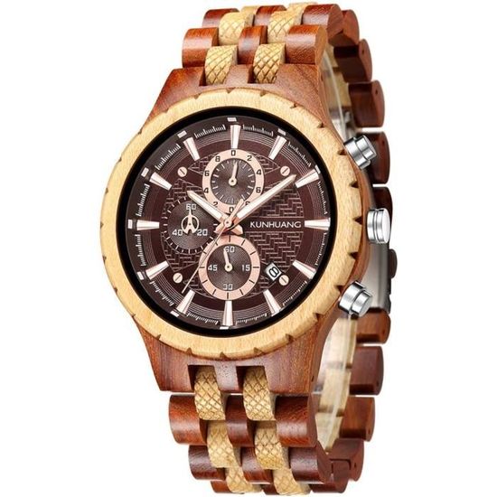 Montre En Bois Pour Homme Emibele - Chronographe Avec Date - Mouvement Quartz Japonais - Bracelet Réglable - Noyer