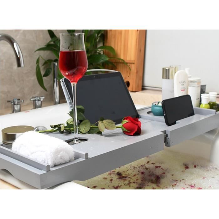 Pont de Baignoire ZHONGLI Planche Baignoire Extensible en bambou Gris 70-105x23x3cm