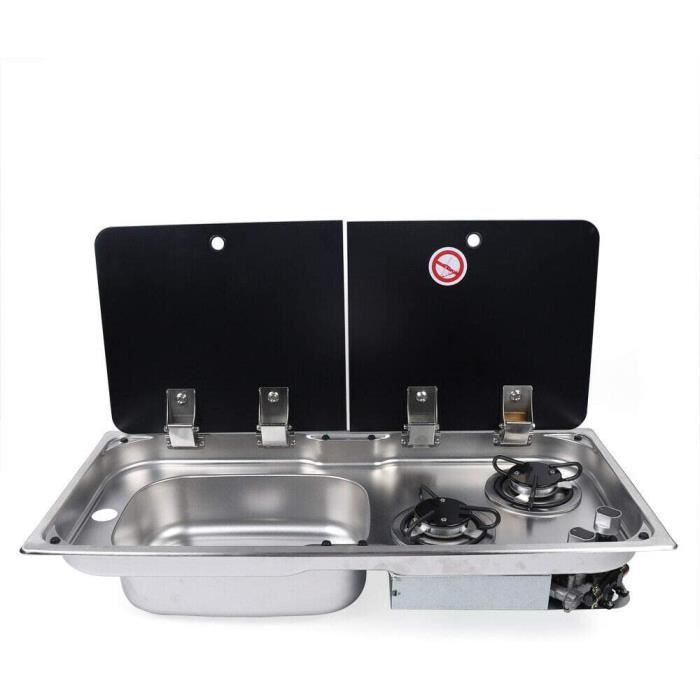 Cuisinière à gaz 2 brûleurs Evier Combo avec Couvercle Plaque de Verre GR-904LD pour voiture, camion, camping-car et bateau
