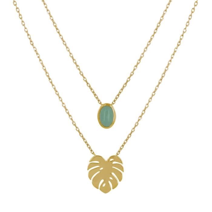 Les Poulettes Bijoux - Collier Double Chaine Plaqué Or Feuille et Ovale d'Aventurine