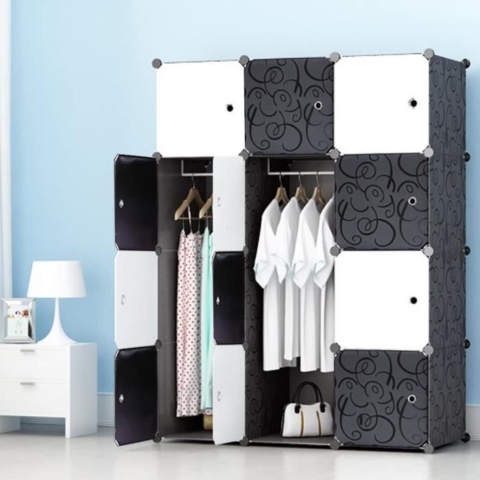 12-Cube Armoire Portable DIY, Penderie avec Portes, Tige Suspendue, Construction Solide pour Vêtement Chaussures, Accessoires