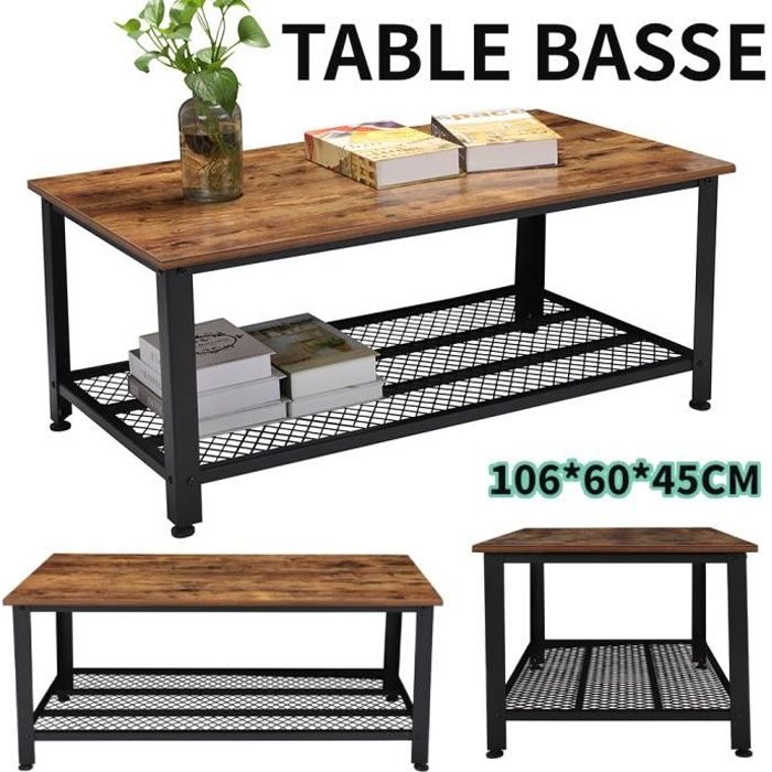 Table basse - Armature en métal - Industriel - 2 étagère Table basse design industriel bois et métal noir-RUR
