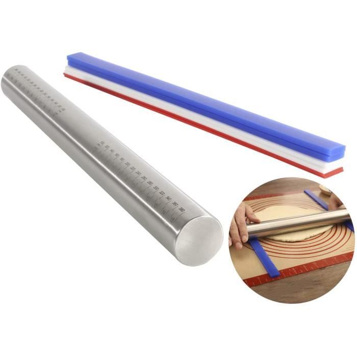 Rouleau à pâtisserie Ajustable en Acier Inoxydable avec 3 Règles à pâtisserieAnti Adhesif et Mesure Rouleau a Patisserie pour 240