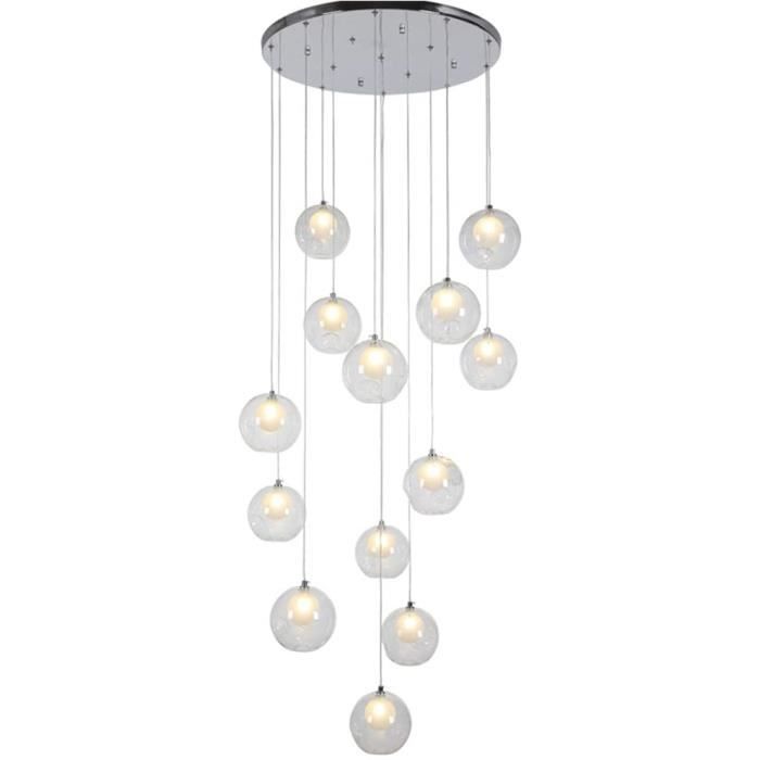 ZRSZ Lampe agrave Suspension Creacuteative Multi-lumiegraveres agrave LED, Lustre en Escalier avec Boule De Verre De 12 Po,