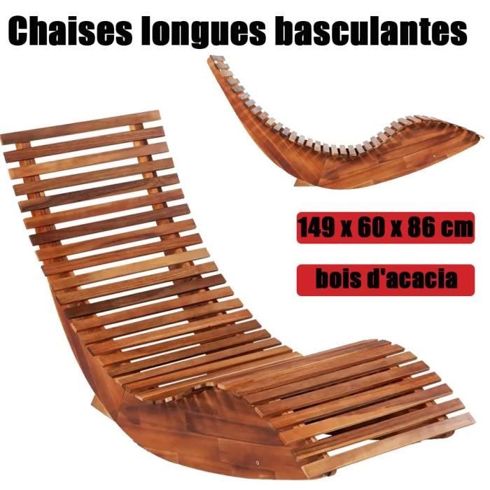 Chaise longue à bascule en bois transat ergonomique de jardin bain de soleil bois d'acacia HB010