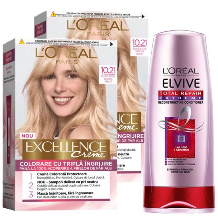 10.21 Blond Perle Clair L'Oreal Paris Excellence Crème Lot de 2 + Elvive Total Repair Anti-Casse Baume Réparateur