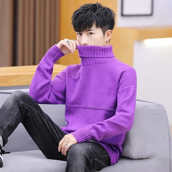 Pull long pour homme,Hommes chandail bleu à manches longues hiver décontracté col roulé pulls épais hommes chandails blanc rouge v