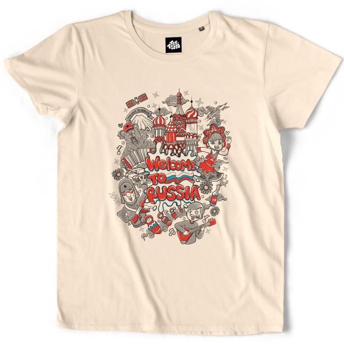 TEETOWN - T SHIRT HOMME - Welcome to Russia - Spécialités Moscou Culture Tourisme Voyage Traditionnel - COTON BIO - Naturel