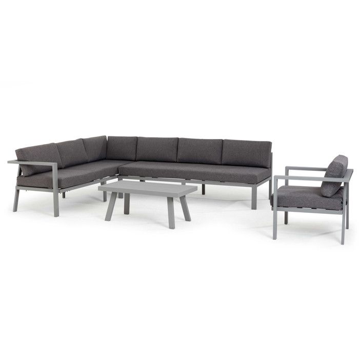 Salon de jardin 6 places canapé d'angle, fauteuil et table basse Gris