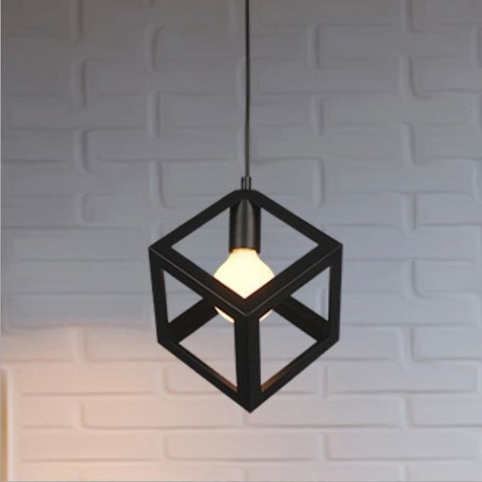 Lustre Rétro Plafonnier Cage Cube Noir Suspensions Luminaire Vintage en Métal pour Salon, Chambre, Salle