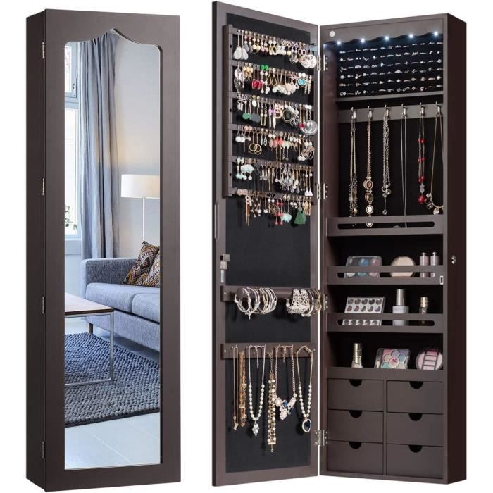 Armoire à Bijoux Avec Miroir Sur Pieds, Avec 6 LED, Pivotant 360°, Surface En Marron Rustique Doublure En Noir 90462995