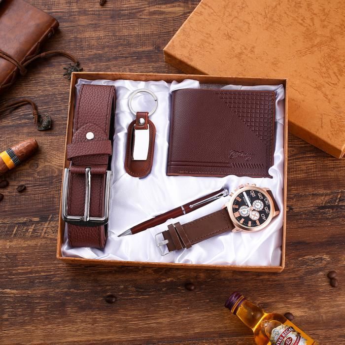 SHARPHY Coffret montre homme + ceinture + portefeuille + porte-clés + stylo – quartz mode brun cadeau de Noël