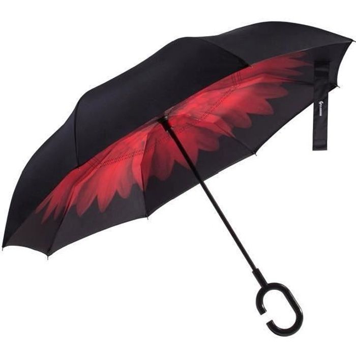 Glamore Parapluie Inverse Inversé Canne Double Couche Poignée C Etanche Anti UV Coupe-Vent Pour Voiture et Voyage Noir et Rouge