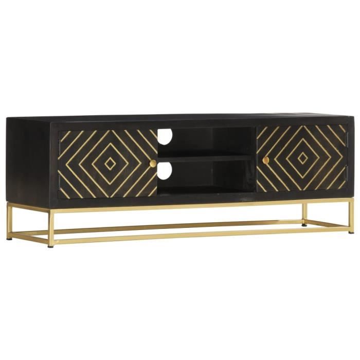 vidaXL Meuble TV Noir et doré 120 x 30 x 40 cm Bois massif de manguier