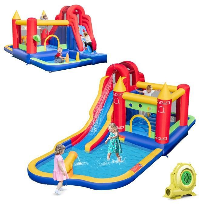 DREAMADE Château Gonflable 4 Enfants – Toboggan Aquatique, Mur Escalade, Piscine – 3-12 Ans