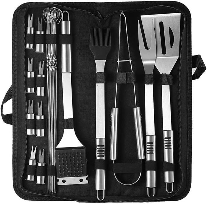 Ensemble Ustensiles Barbecue Cook'In Garden - Fourchette, Pince, Spatule, 4 Pics, Salière/poivrière, En Inox, Valisette Aluminium