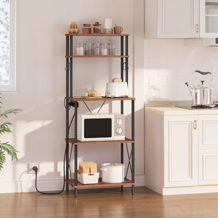 Étagère de Cuisine-HOOBRO-Desserte de cuisine avec Multiprise-Meuble Cuisine pour ustensiles-60 x 40 x 154 cm-Marron