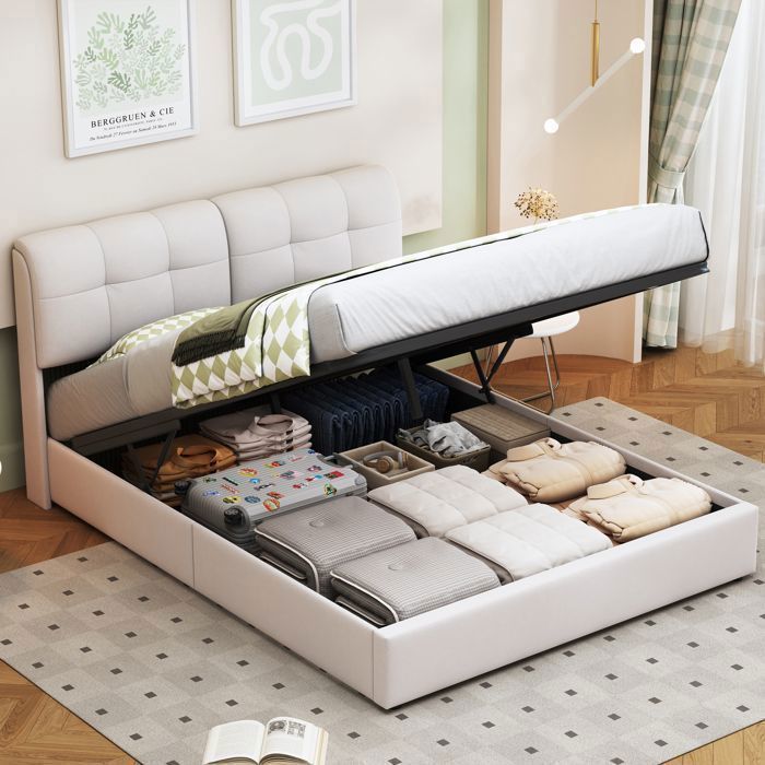 LIT CAPITONNÉ 160x200cm Avec Tête De Lit Allongée - Cadre Lit Coffre Hydraulique, Ports USB, Lampes Intégrées - Tissu PU Noir (matelas Non Inclus)