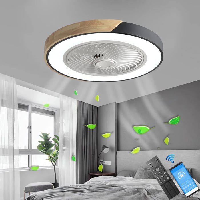 Ventilateur de plafond LED 52cm silencieux télécommande et application lumière réglable pour chambre salon design noir moderne - Omegasback