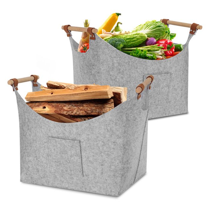 YARDIN Lot De 2 Sacs En Feutre Gris Foncé - Panier à Bûches Pliable 50x25x25cm Charge 30kg Pour Cheminée