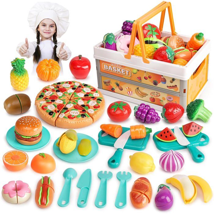 HERSITY Panier Pique Nique Jouet Set Accessoire Cuisine Aliments Enfant | Service à Thé Enfant avec Dessert Couverts et Couverture Pique-Nique, Jeux de Rôle Cadeau pour Fille 3 4 5 Ans