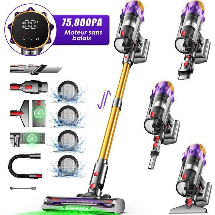 Aspirateur Balai Sans Fil75000 PA70 Mins Aspirateur sans Fil avec écran LEDavec Flexible hoseFiltration à 7 couches/2L volume - Minnovat
