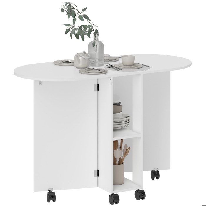 Table à manger pliante - HOMCOM - roulettes - 4 personnes - 2 abattants 2 étagères - panneau de particules - 120x60x77cm - blanc