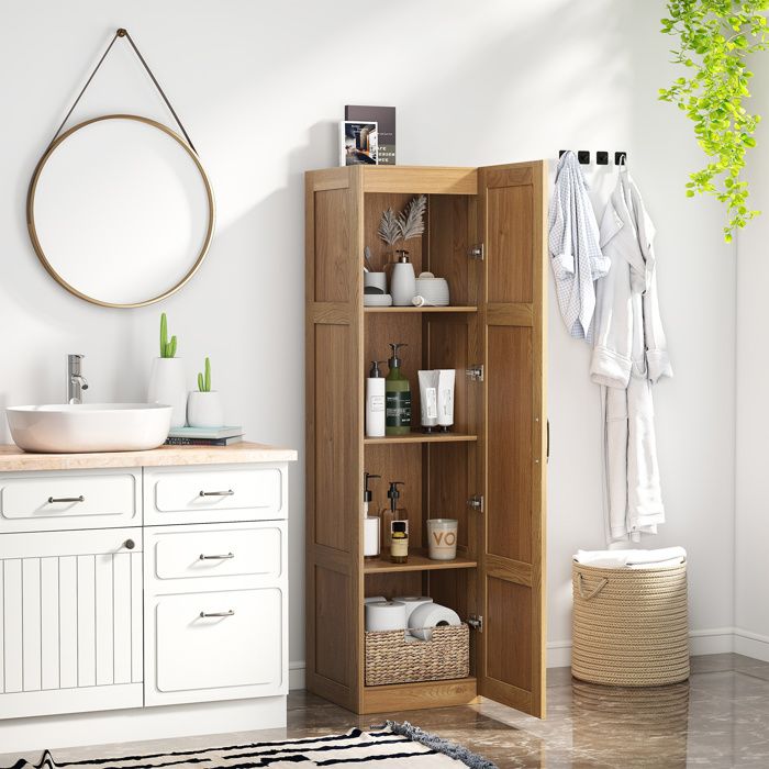 GIANTEX Armoire de Rangement avec 4 Étagères et Porte Meuble de Salle de Bain Compact pour Cuisine Salon 37 5x40x150cm Naturel