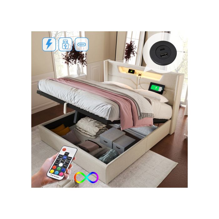 Lit Coffre 160x200 LED et Prises USB/Type C - Lit Rembourré - Sans Matelas Télécommande Grand Espace de Rangement Lin Beige