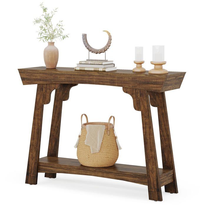 Table Console en Bois 105×30×85cm 2 niveaux en bois avec étagère pour lEntry Couloir Salon Foyer Marron